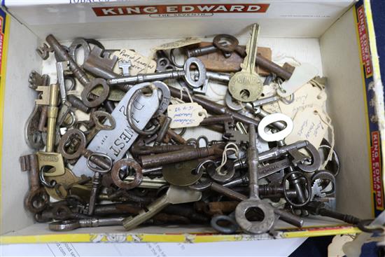 A box of 18th/20th century keys from interesting old buildings including the key to a bible box at St Pauls Cathedral